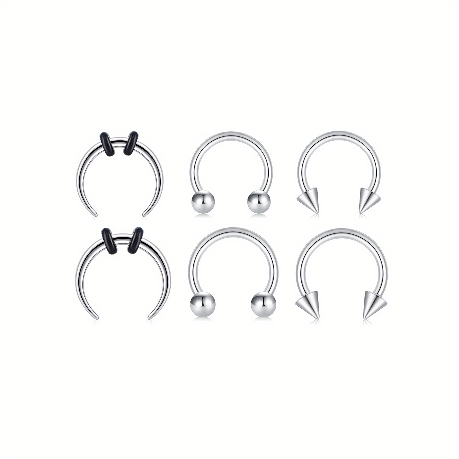 Image of 6pcs/set Women's Body Piercing Cones 16g Stainless Steel Nose Ring Nasal Septum Lip Ring Cartilage Earrings, Septum Ring, Horseshoe Ring, U-shaped Ring Body Piercing Jewelry Halloween Gift