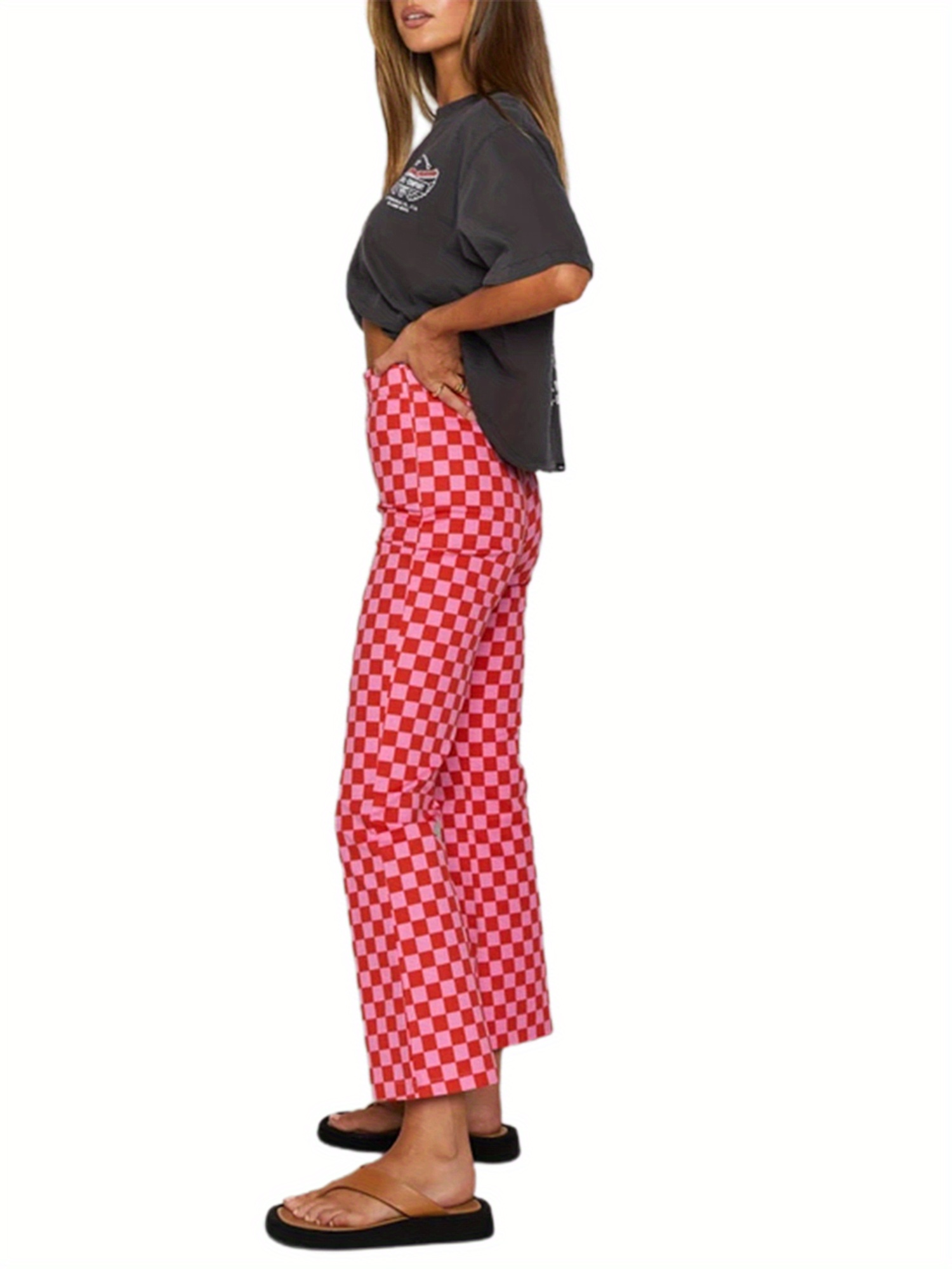 Women's High Waist Plaid Flare Pants Fit Skinny Casual Pants, Red  White Checkered Pattern, Comfortable Polyester Fabric, Machine Wash