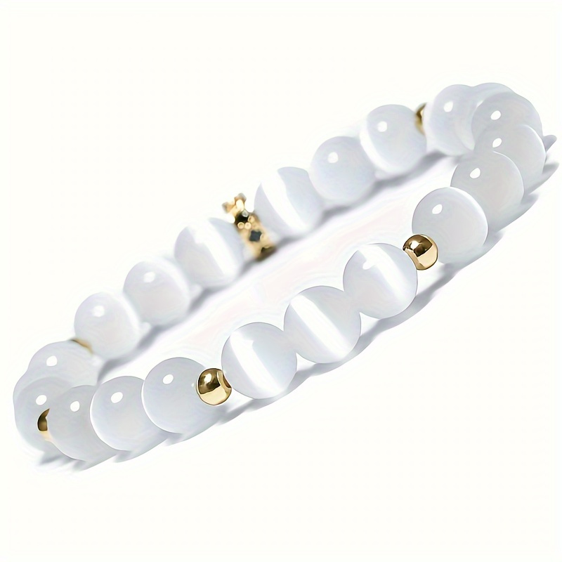 

White Beaded Bracelet, Classic Style, Elastic Natural Stone Jewelry For Women Unisex Friendship Gift