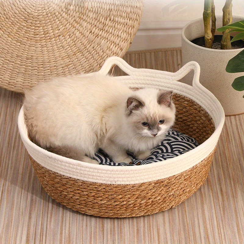 

2pcs Woven Rattan Cat Beds - Nests With Felt Lining, Cats & Small Dogs Under 15 Lbs