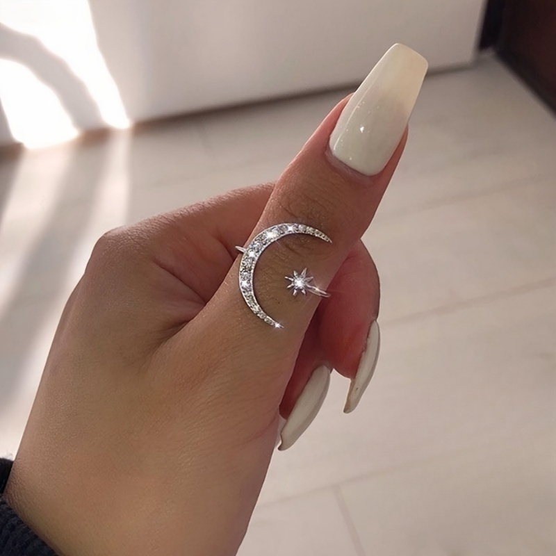 

Starry Moon Surrounding Design Open Ring 925 Sterling Silver Plated Ring, Dazzling Zircon Adjustable Open Ring, Comes In Gift Box