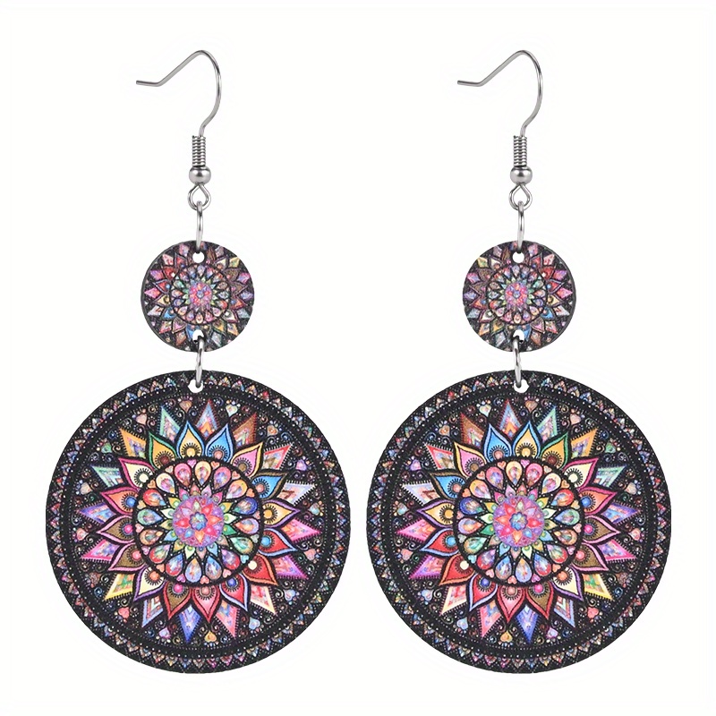 Image of 1 Pair Colorful Mandala Pattern Wooden Earrings For Women Boho Style Lightweight Earrings Creative Large And Small Round Drop Earrings Universal Holiday Gift