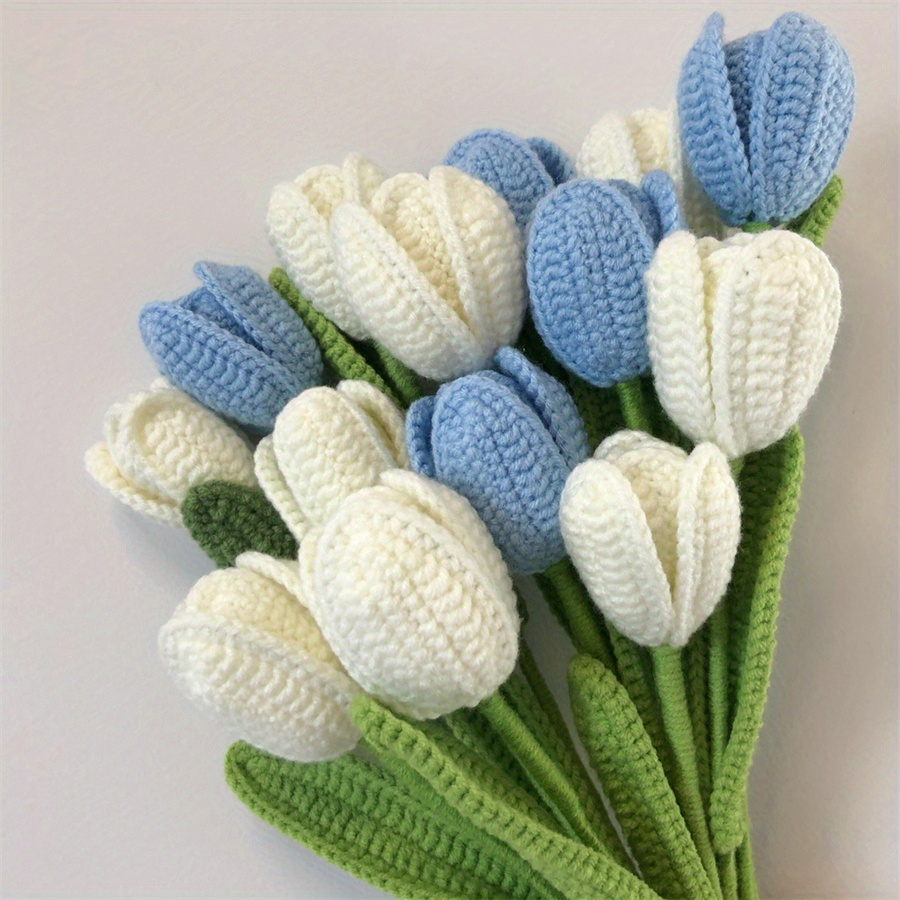 

6pcs Fake Tulips Artificial Flower Bouquet For Decoration, Flowers Bouquet For Table Decor, Handmade Knitted Tulip Flower With Stem & Leaf, Tulip Forever Flower Spring Decor