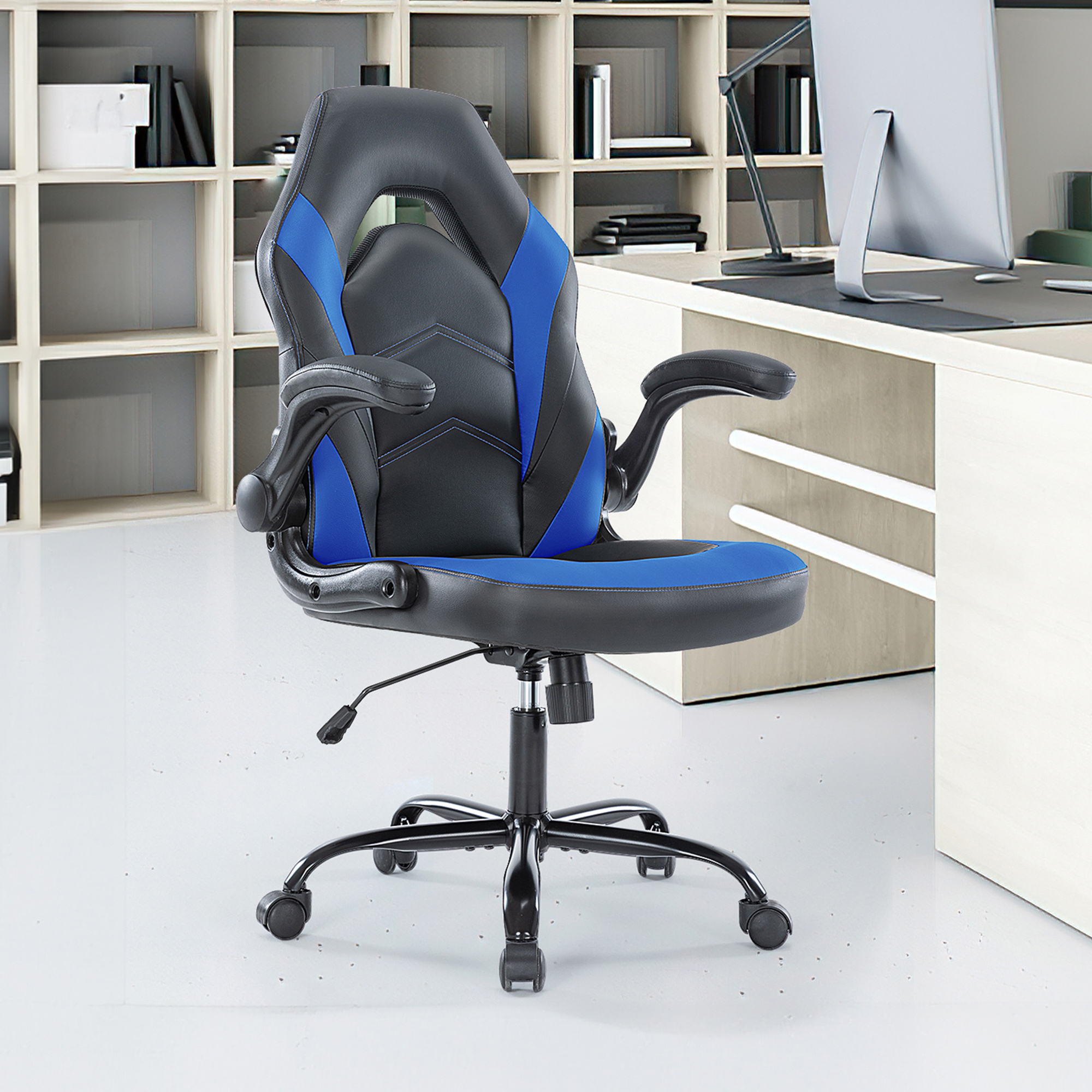 

Black&blue Ergonomic Computer Gaming Chair - Pu Leather Home Office Desk With Lumbar Support, Height Adjustable Big And Tall Video Game With Flip-up Armrest, Swivel Wheels