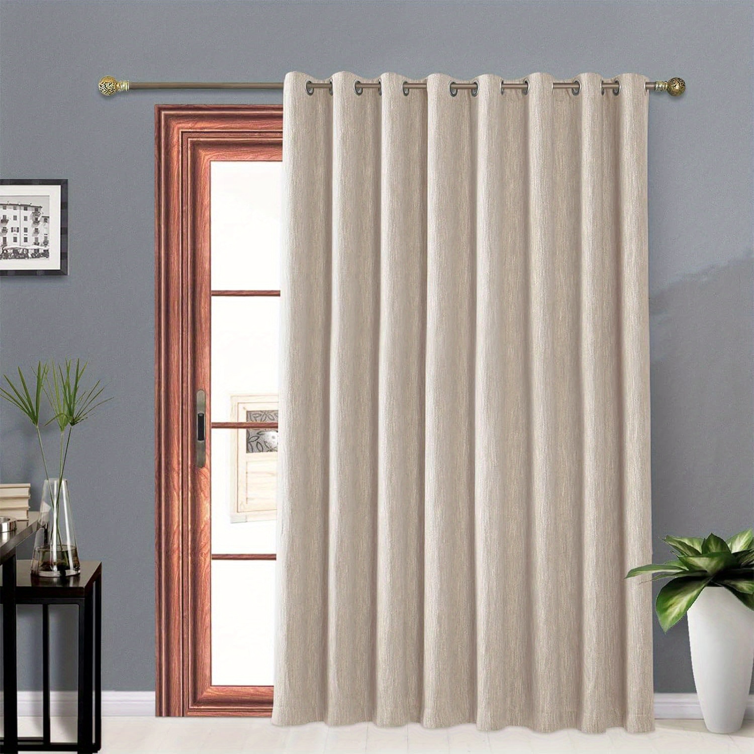 

Beige Cotton Wide Blackout Curtains For Sliding Glass Door Living Room Thermal Insulated Grommet Drapes, (1 Panel)