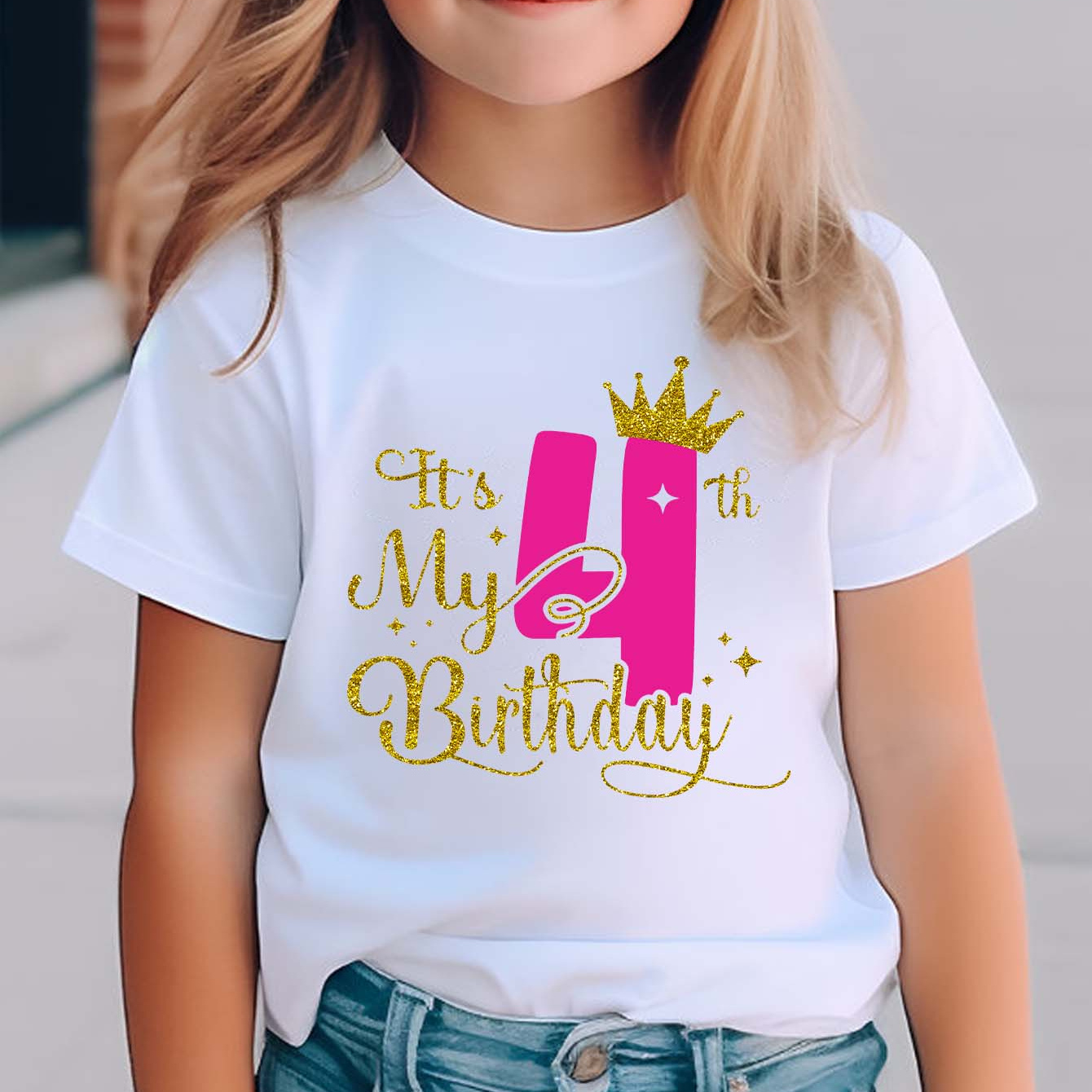 

It's My 4th Birthday Print Girl's Crew Neck T-shirt, Short Sleeve Comfortable Versatile Top, Summer Casual Clothes