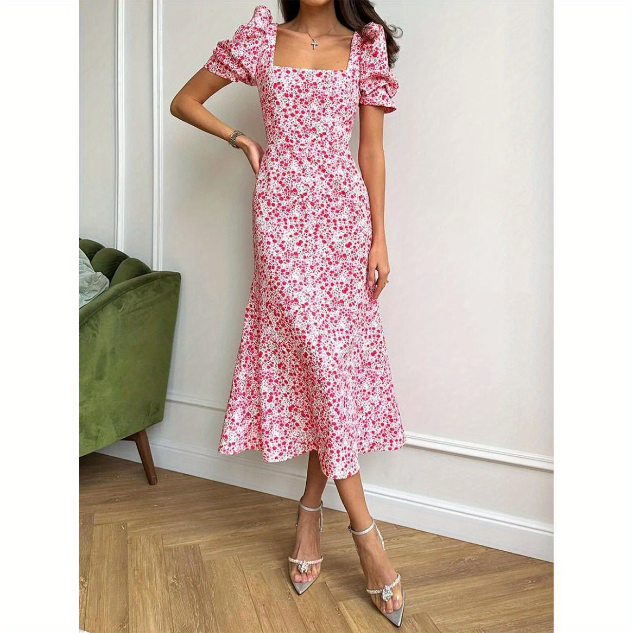 

Floral Print Short Puff Sleeve Dress, Elegant Square Neck A-line Dress For Spring & Summer, Women's Clothing