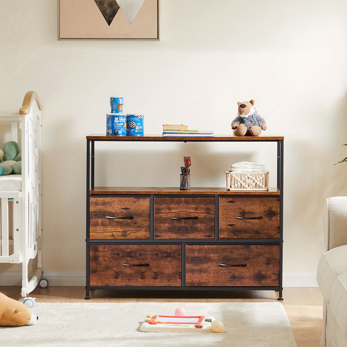 

5 Drawers Dresser With Open Storage Shelf, Tv Stand For Bedroom, Media Console Table, Furniture Cabinet For Living Room Bedroom Hallway - Rustic Brown