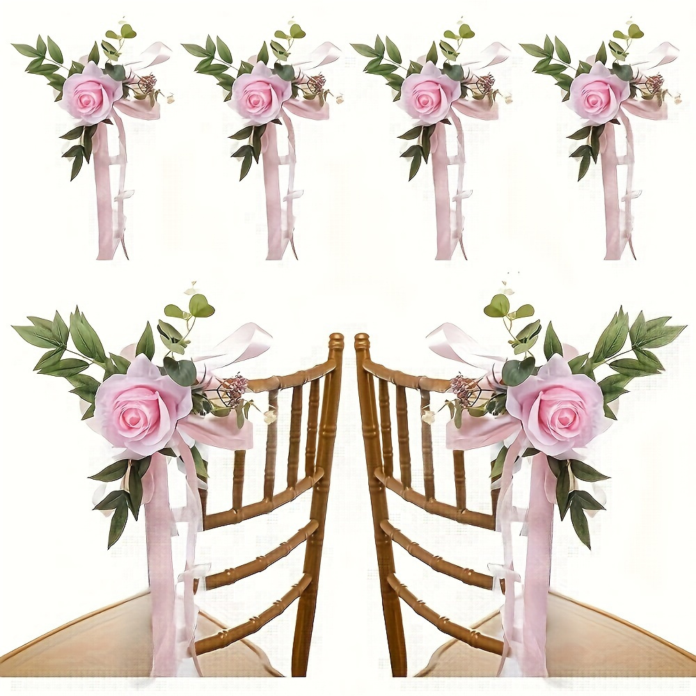 

6pcs, Wedding Aisle Chair Decorations, Rose Floral Back Flowers With Leaves And Ribbons Church Bench Pew For Ceremony Decor