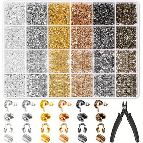 2220pcs crimp beads for jewelry making knot cap crimp tube and steel wire guard with press plier for jewelry bracelet necklace making