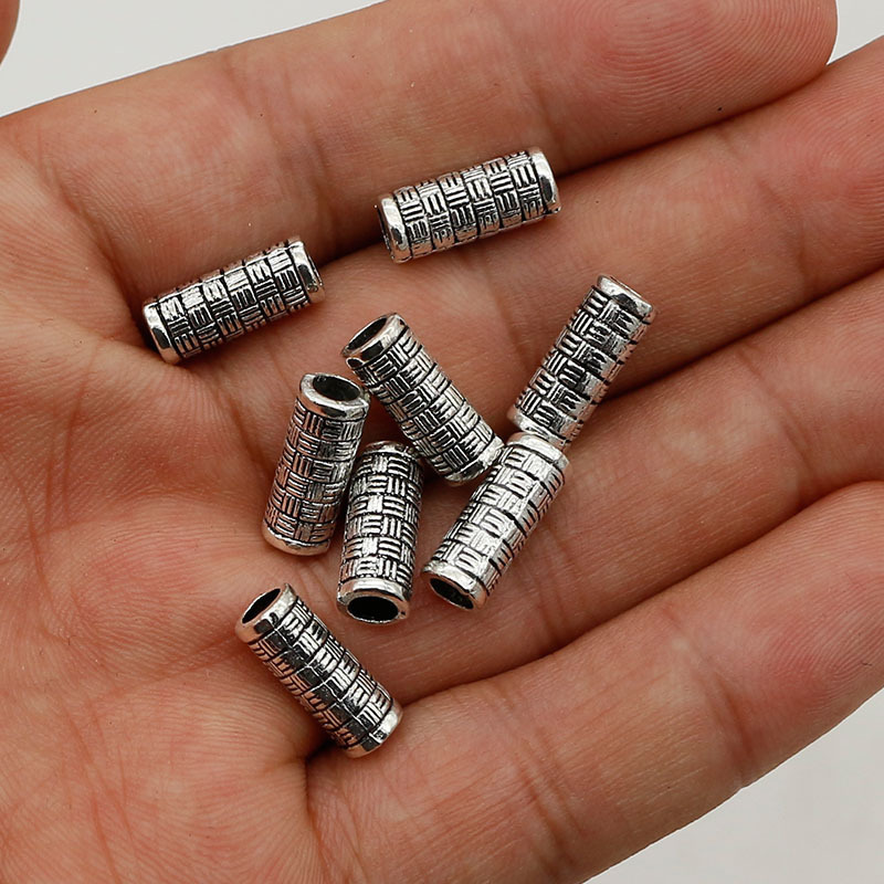 20pcs Tibetan Silvery Unique Braided Pattern Long Tube Spacer Beads, Handmade Large Hole Loose Beads For Accessories