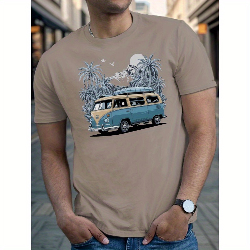 

Tropical Vintage Minivan Illustration Print Tee Shirt, Tees For Men, Casual Short Sleeve T-shirt For Summer