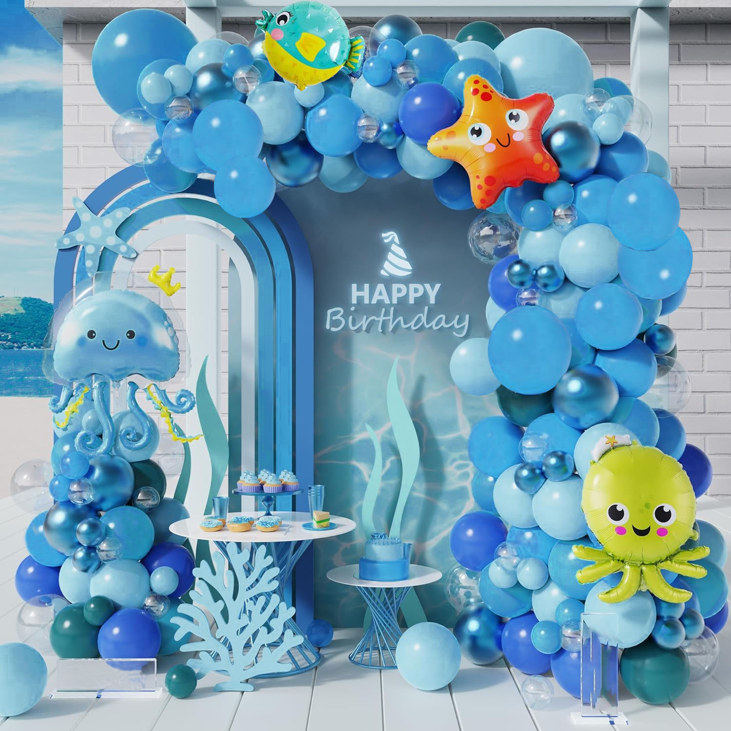 

139-piece Ocean-themed Balloon Arch Kit - Blue & Transparent Latex With Starfish, Octopus & Pufferfish Foil Balloons For Birthdays, Beach Parties, Pool Celebrations & Summer Events