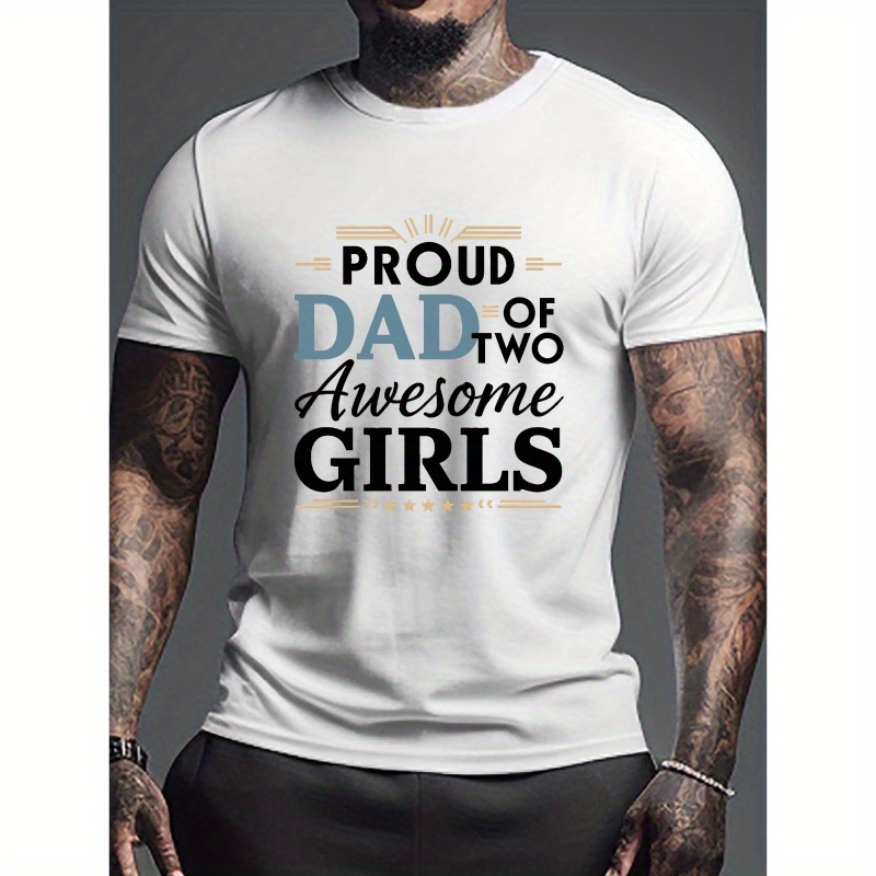 

Proud Dad Of 2 Awesome Girls Print Men's Plus Size Short Sleeve T-shirt, Casual Lightweight Summer Tee For Daily Wear