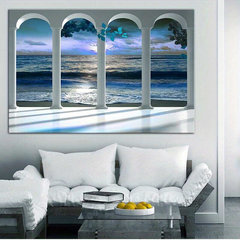 

Canvas Wall Art Print Window View Home Decor Framed Stretched Picture Photo Painting Artwork Image Beach Sea Landscape Wooden Frame - Thickness 1.5inch