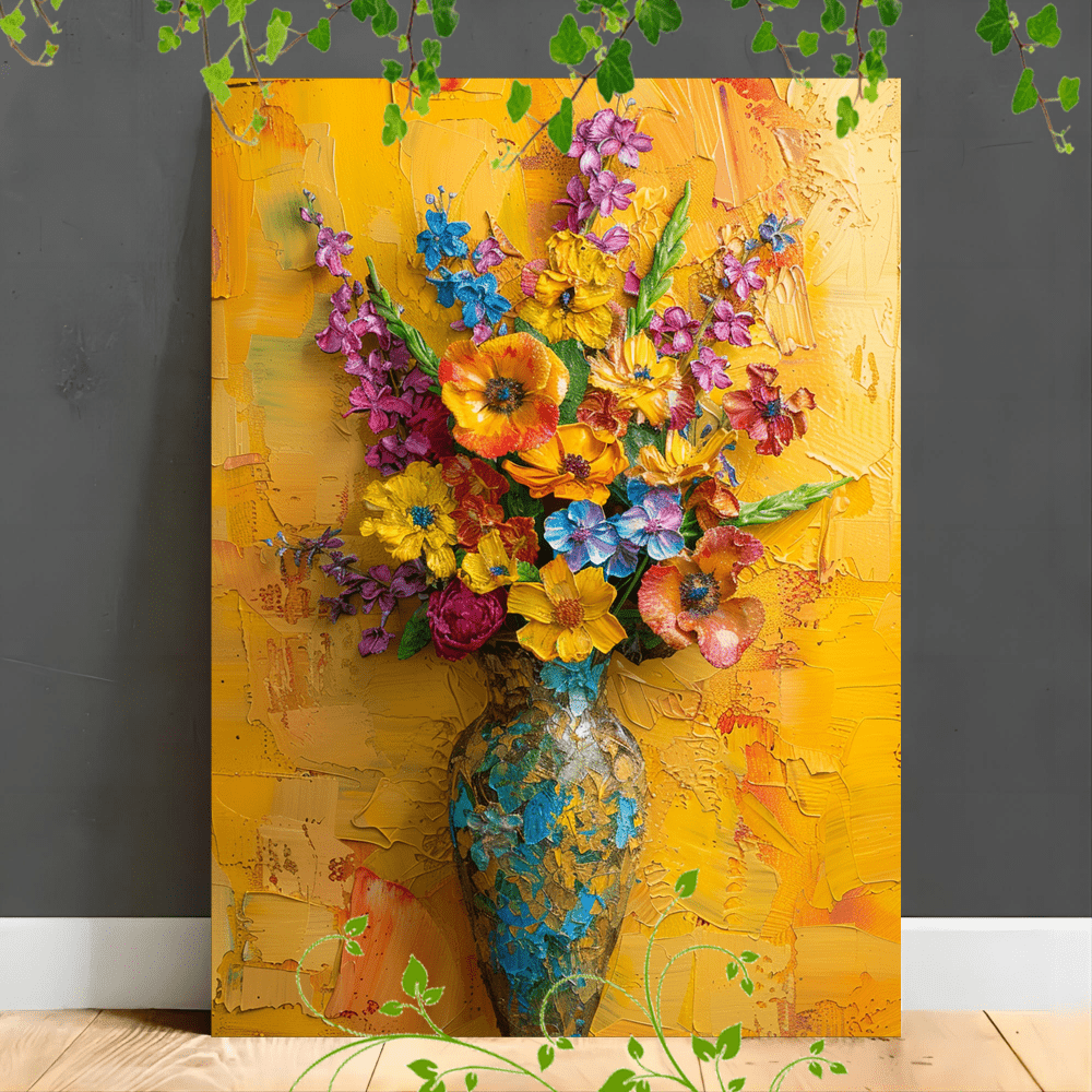 

1pc Wooden Framed Canvas Painting Artwork Very Suitable For Office Corridor Home Living Room Decoration Floral Arrangement, Vase, Vibrant Colors, Textured Painting, Yellow Background