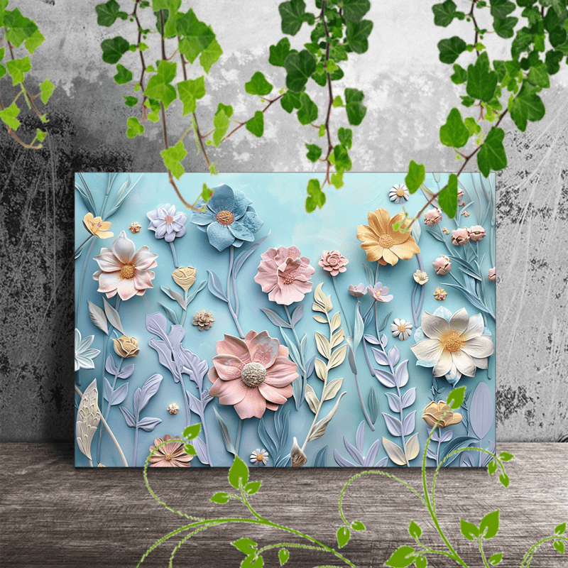 

1pc Wooden Framed Canvas Painting Artwork Very Suitable For Office Corridor Home Living Room Decoration Floral Relief, Pastel Colors, Textured Flowers, Blue Background, Vibrant Design