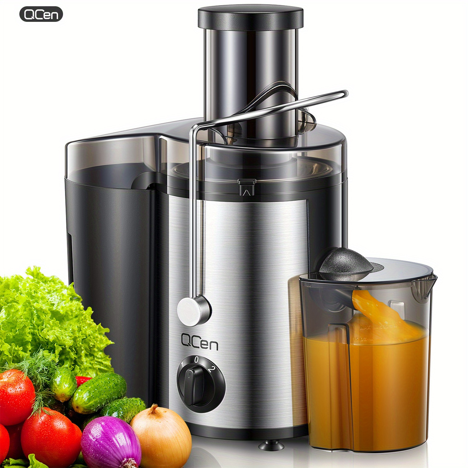 

Qcen Juicer Machine, 500w Centrifugal Juicer Extractor With Wide Mouth Feed Chute For Fruit Vegetable, Easy To Clean, Stainless Steel, Bpa-free