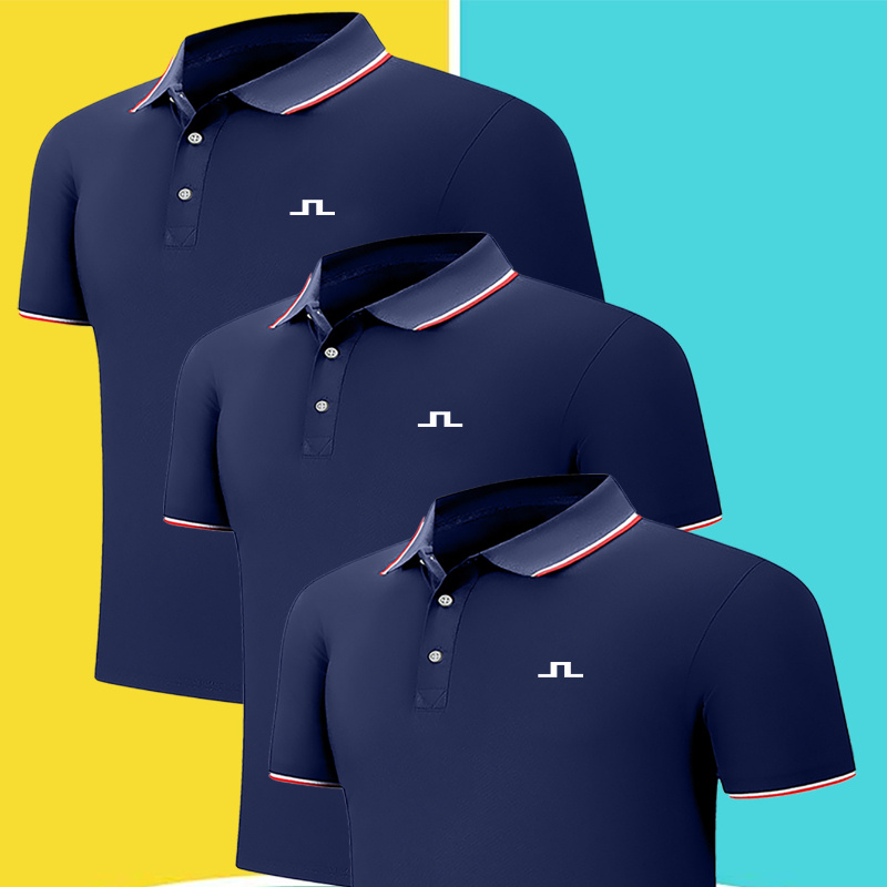 

3pcs Geometric Pattern Print Men's Short Sleeve Lapel Golf T-shirt, Business Tennis Tees, Casual Comfy Versatile Top For Summer, Outdoor Sports