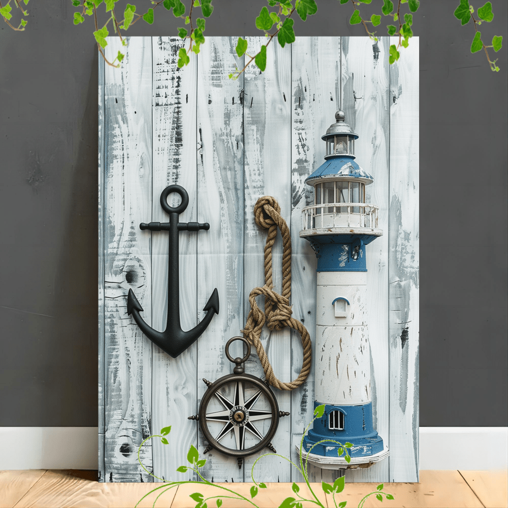 

1pc Wooden Framed Canvas Painting Artwork Very Suitable For Office Corridor Home Living Room Decoration Nautical Theme, Lighthouse, Anchor, Compass, Navy Blue, White Wooden Background