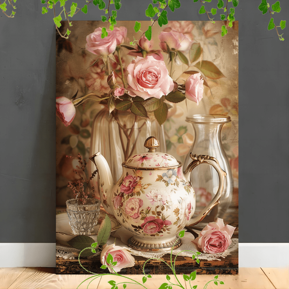 

1pc Wooden Framed Canvas Painting Artwork Very Suitable For Office Corridor Home Living Room Decoration Vintage Teapot With Floral Design, Copper Accents, , Glass Vase, Delicate Leaves