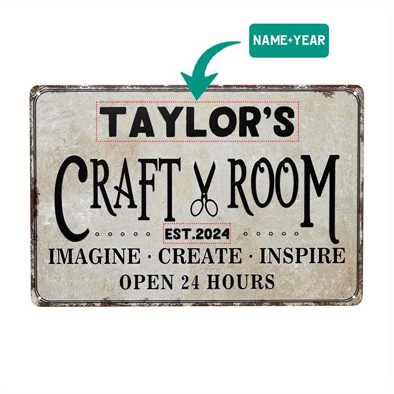 

Custom Craft Room Sign - Personalized Aluminum Wall Decor For Women's Cave, 12x8 Inch - 'imagine Create Inspire Open 24 Hours' Theme