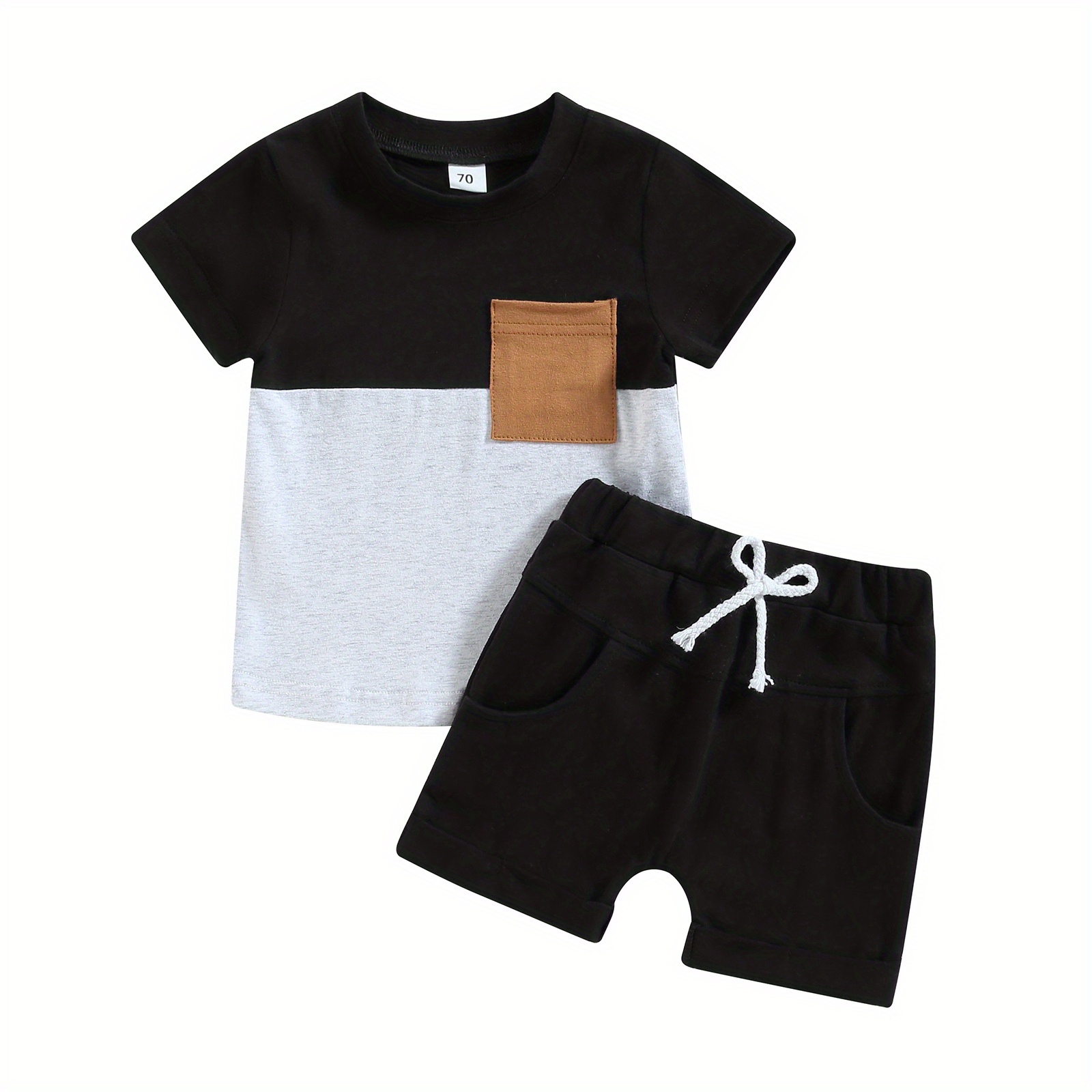 

Toddler Boys Summer Set, Short Sleeve Contrast Color Tops & Solid Color Shorts