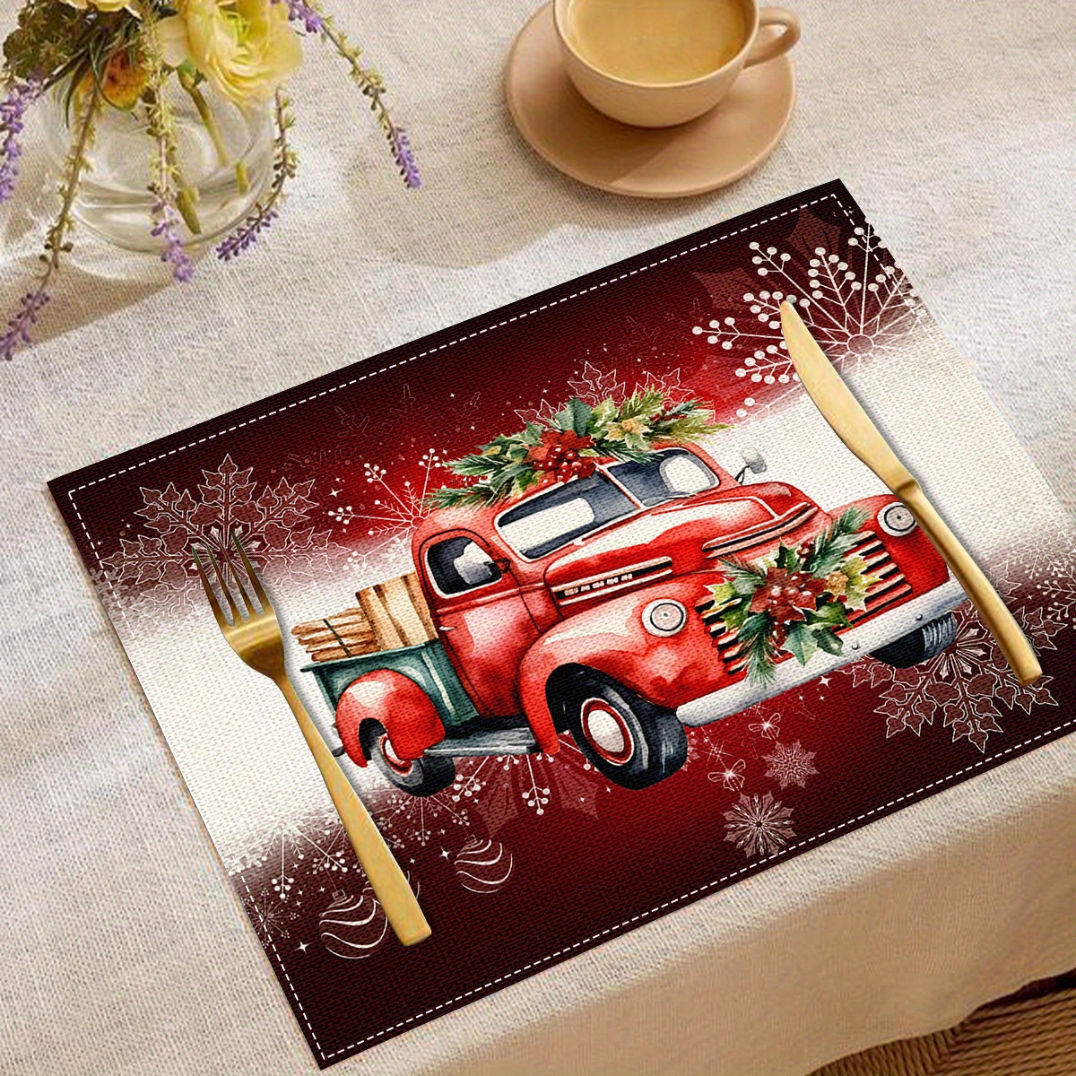 

Set Of 4 Christmas Truck Print Place Mats - 100% Linen Woven Table Mats For Dining, Party Decor, Heat-resistant Coasters For Restaurant And Home Use, Festive Table Decoration, Hand Wash Only