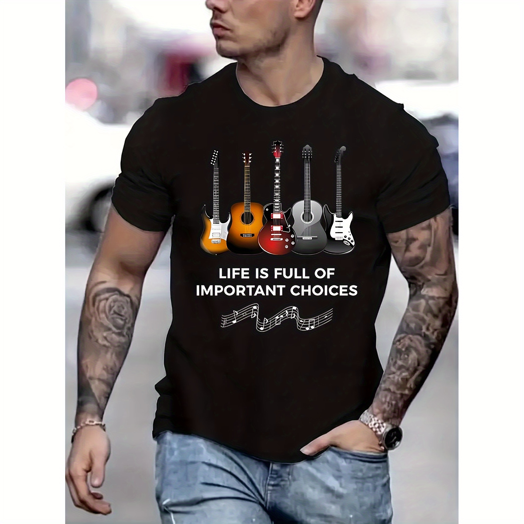 

Guitars Printed T-shirt Men's Casual Style Summer And Autumn Slightly Elastic Round Neck T-shirt