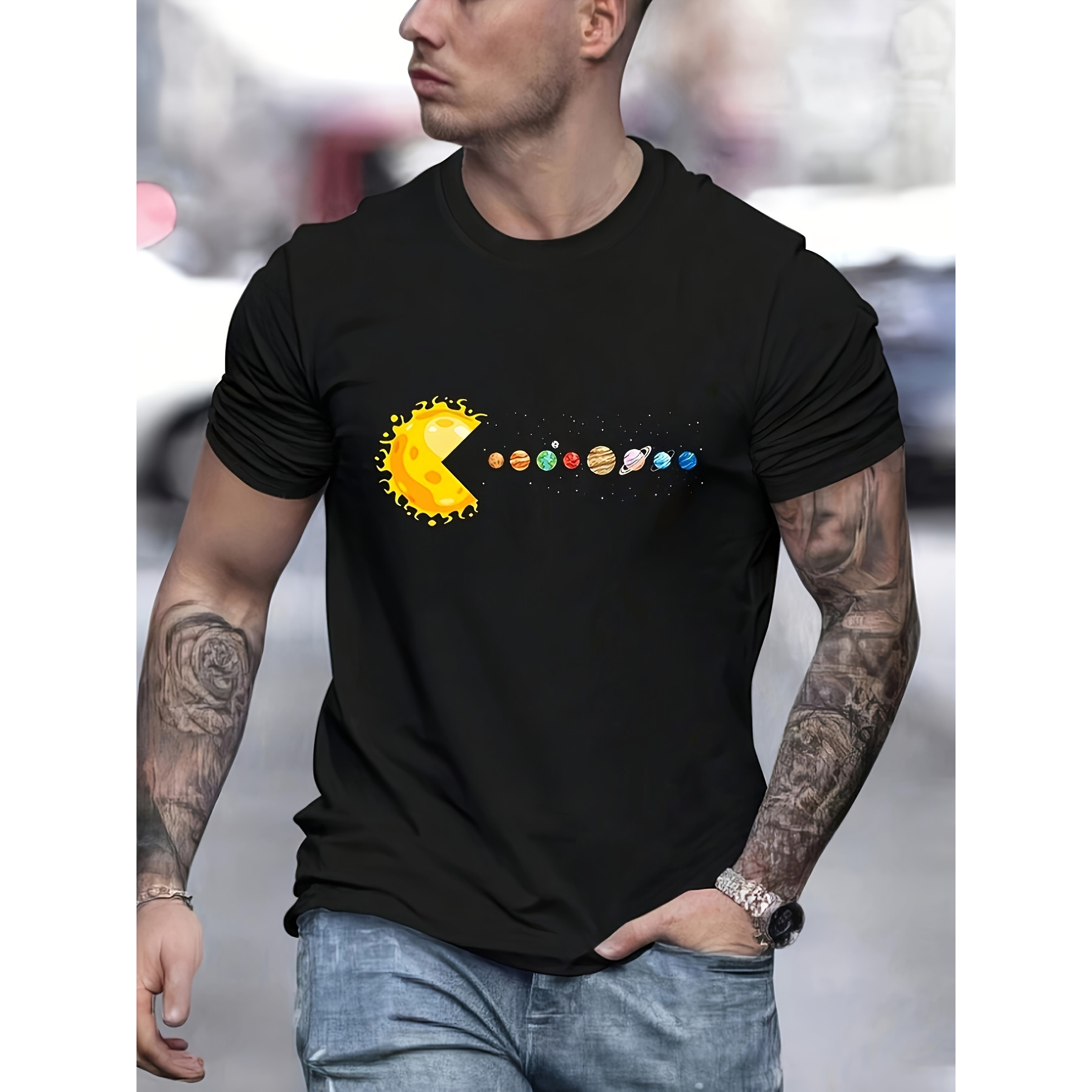 

Planet Graphic Print T-shirt Men's Casual Style Summer And Autumn Slightly Elastic Round Neck T-shirt