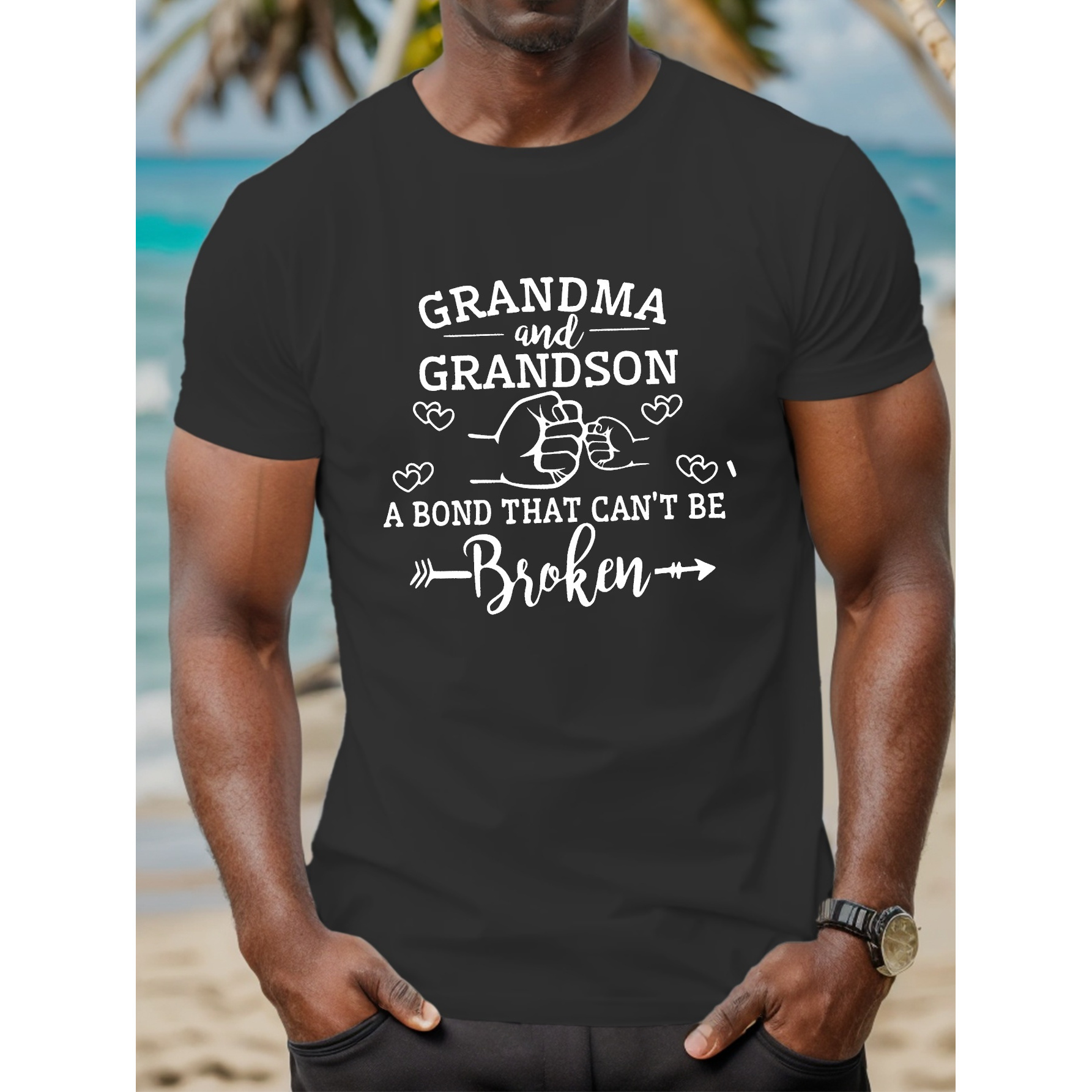 

Grandma And Grandson A That Can't Be Broken Print Men's Crew Neck T-shirt - Trendy Casual Style With Comfy Short Sleeves - Perfect For Summer Outdoor Activities