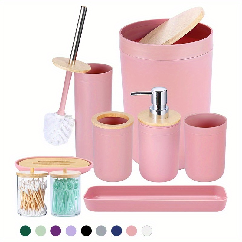 

9pcs Bathroom Accessories Set - With Trash Can, Toilet Brush, Toothbrush Holder, Lotion Soap Dispenser, Soap Dish, Toothbrush Cup, Qtip Holder, Tray