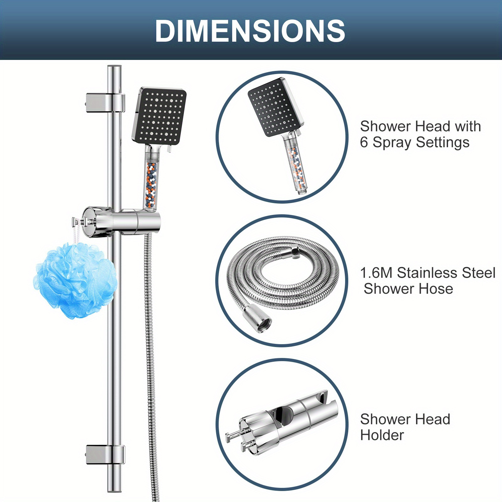 

Système de barre coulissante en inoxydable de 65 cm et tuyau de 1.6 m, pommeaux de à filtre 6 de , hauteur de réglable de salle de