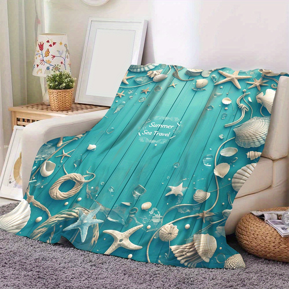 

Coastal Beach Theme Flannel Throw Blanket - All-season Digital Printed Soft Polyester Cover With Sea Shells, Starfish Design For Sofa And Nap - Contemporary Style Lightweight Woven Bedding Accessory