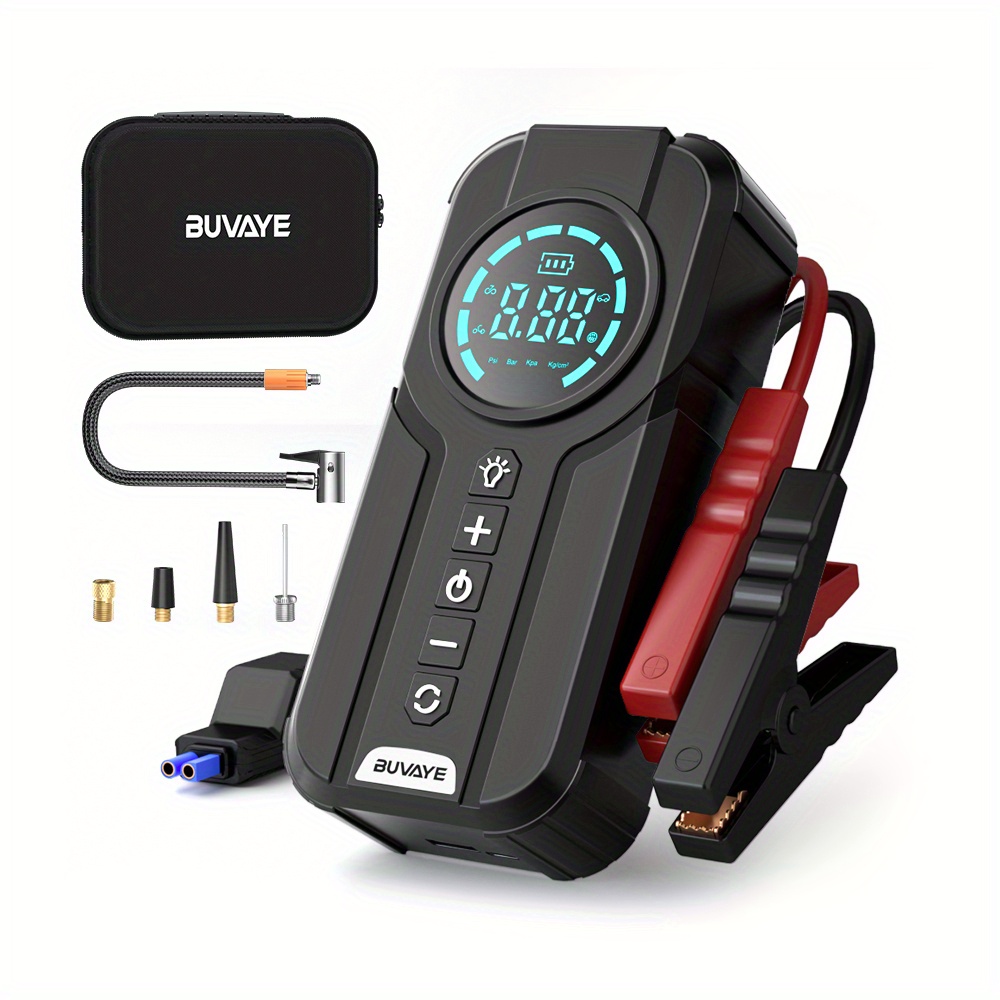 

Buvaye Car Jump Starter Air Pump 4 In 1 Power Bank Lighting Portable Air Compressor Cars Battery Booster Starter Devices Auto Tyre Inflator Air Compressor
