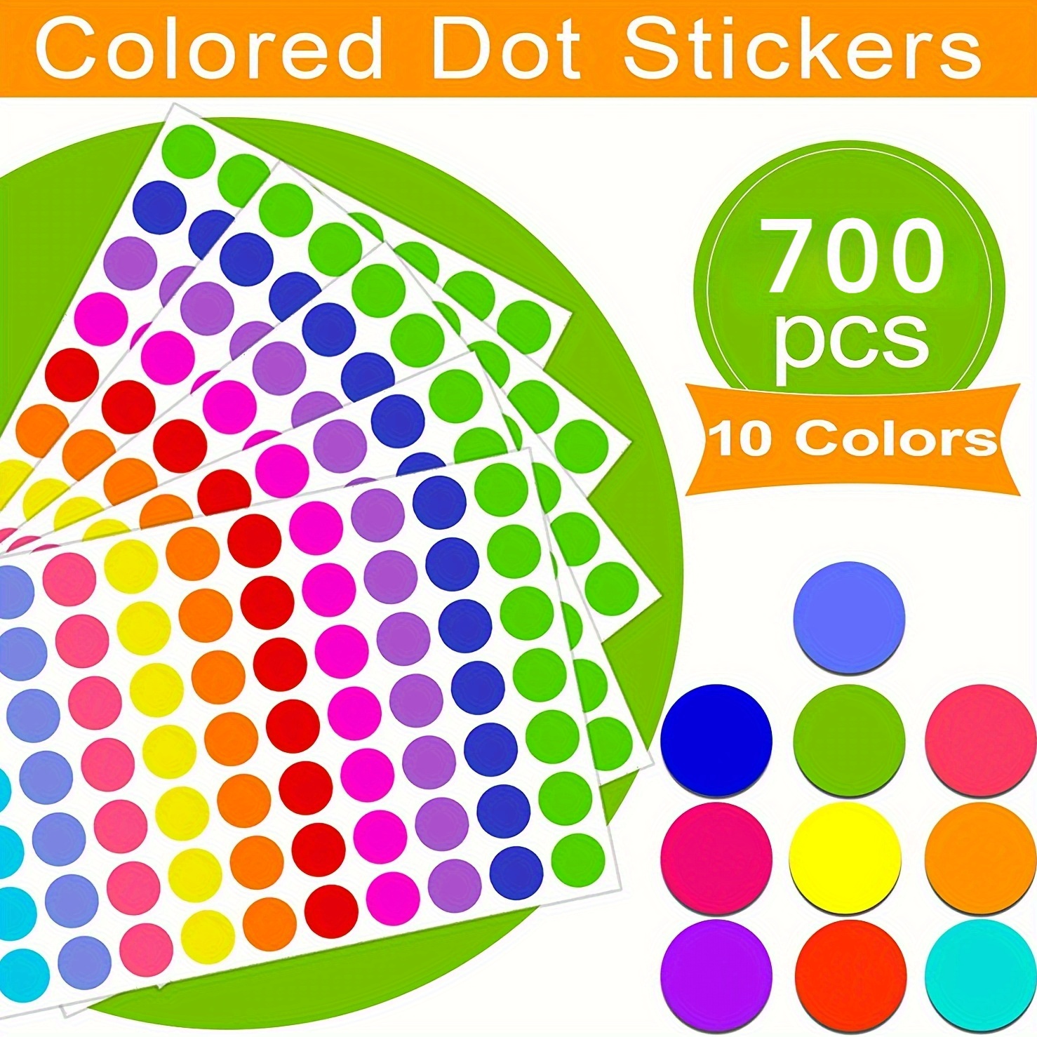 

5 Sheets Of 350 Colored Dot Stickers, 10 Colors, Round Stickers For Office, Classroom, And Papers