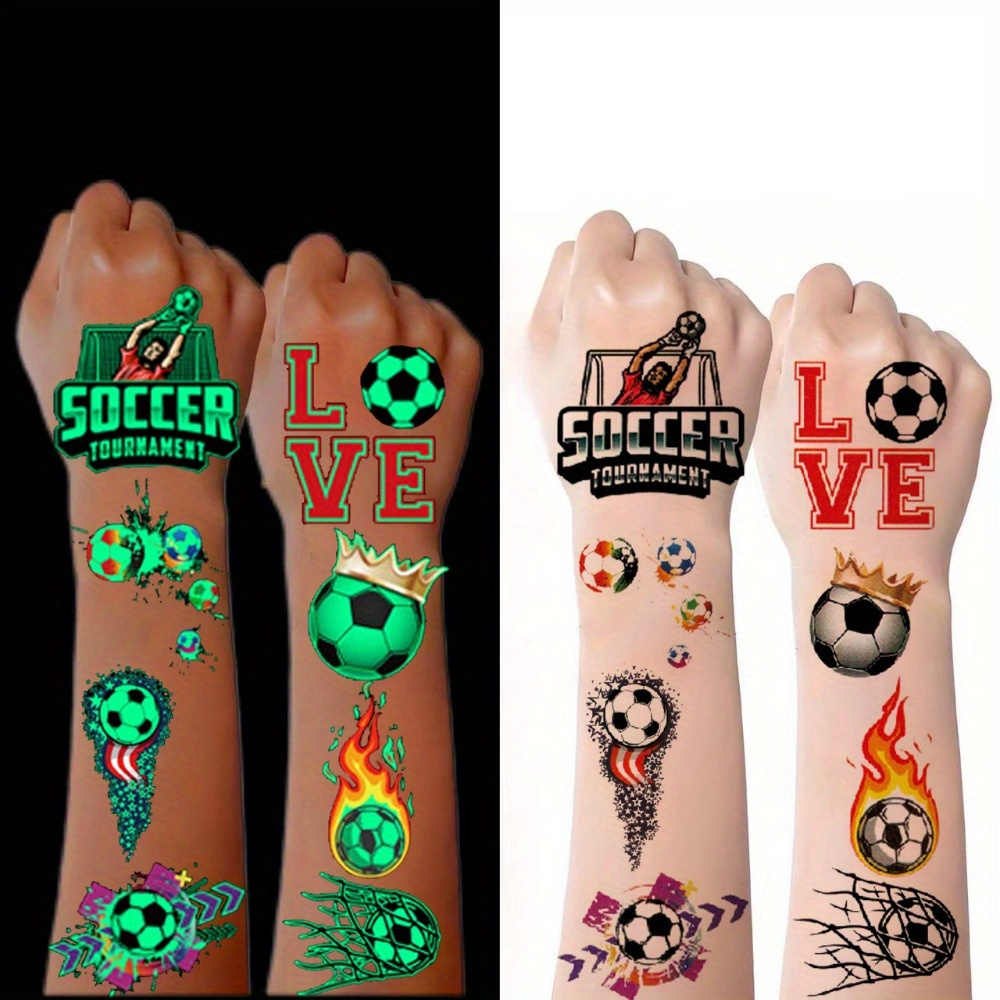 Image of 10 Sheets Football-themed Temporary Face Tattoos - Soccer Tournament Designs With "love" & Trophy, Vibrant Colors, Perfect For Sports Events & Fans, Football Accessories