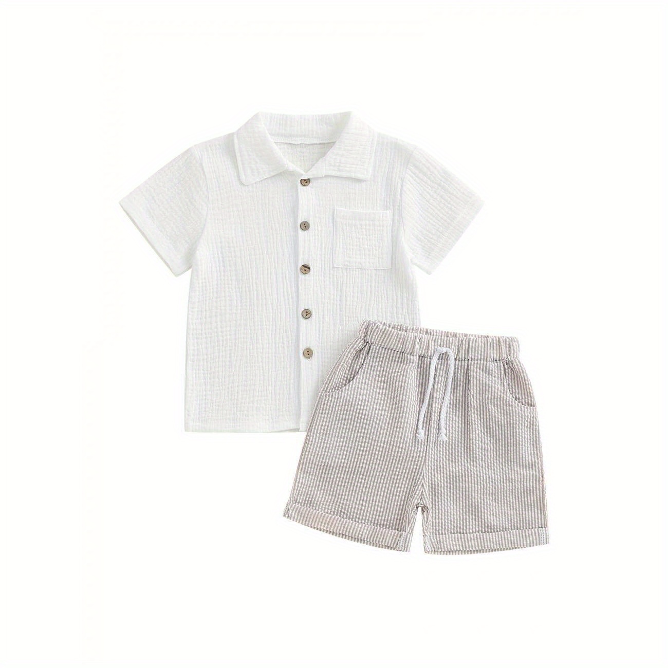 

Kids Boys Summer 2-piece Outfits Short Sleeve T-shirt Lapel Collar And Button Closure, Elastic Vertical Stripe Casual Shorts Set