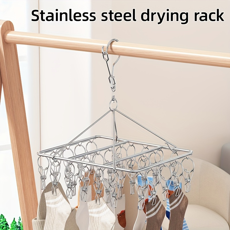 

Stainless Steel Laundry Drying Rack With 40 Clips - Metal Sock, Underwear, And Accessory Hanger With Windproof Swivel Hook