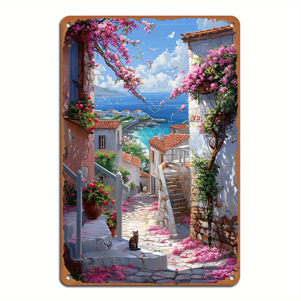 

Charming Greek Village Street Scene - 8x12" Retro Aluminum Tin Sign For Home & Office Decor | Easy Install, Durable Indoor/outdoor Wall Art