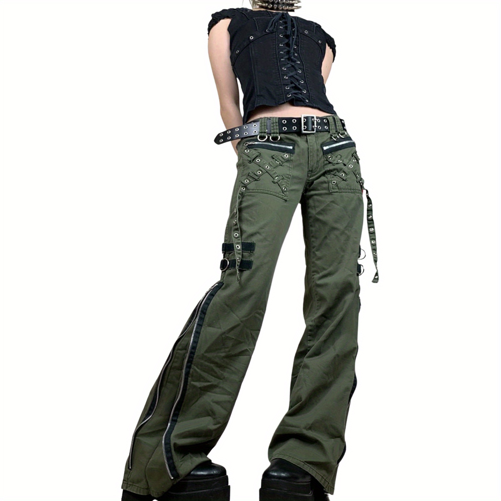 

Women Autumn Cargo Pants, Punk Low-waist Zipper Fly Casual Pants With Pockets For Girls, Green
