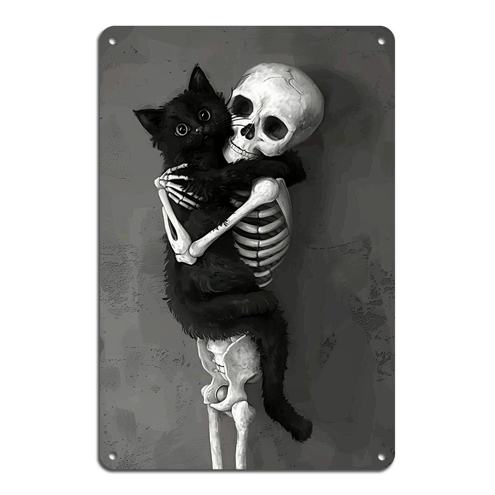 

Funny Skeleton & Cat Metal Tin Sign - Vintage Day Of The Dead Wall Art, Easy Install Aluminum Decor For Home Or Office, Perfect Gift Idea