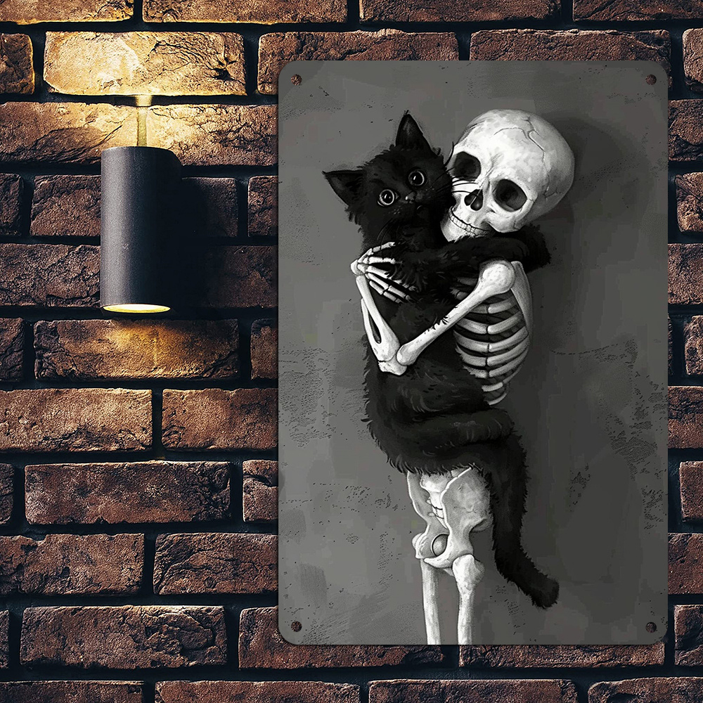 

Funny Skeleton & Cat Metal Wall Art - Vintage Black & White Aluminum Tin Sign, , Home Or Office Decor, 8x12 Inches