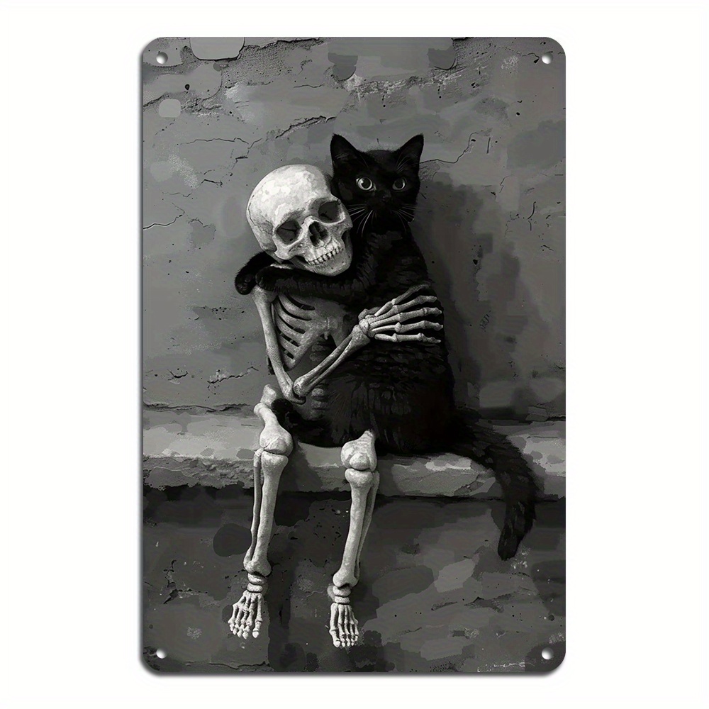 

1pc Reusable Aluminum Metal Tin Sign - Retro Black Cat & Skeleton Wall Art - Funny Day Of Dead Painting Print - Vintage Decorative Plaque For Home Decor, Age 14+
