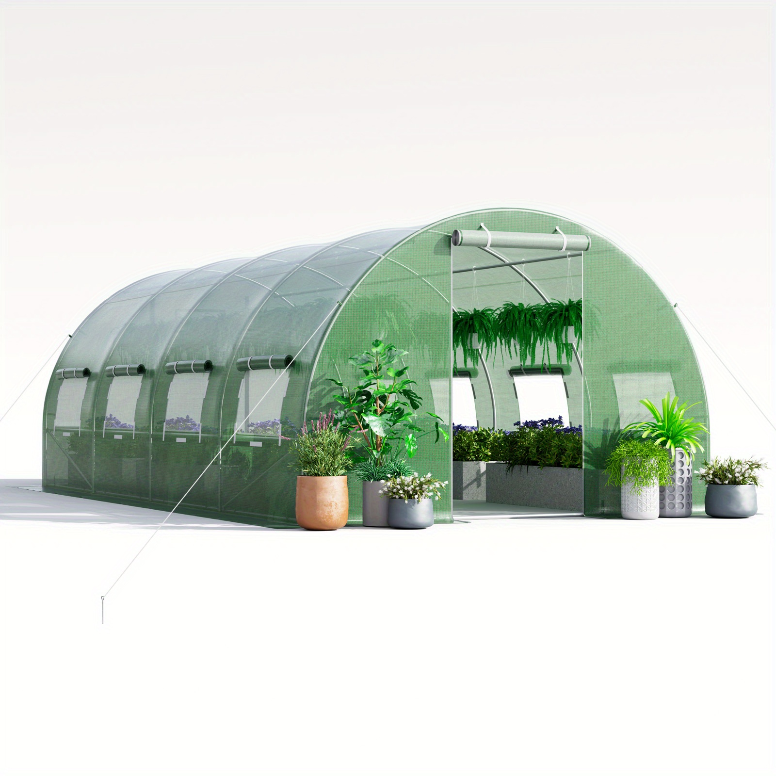 Image of 12m² Greenhouse 4x3x2m, Film Greenhouse With Metal Frame, 6 Roll-up Mesh Windows & 2 Zip Doors, Greenhouse Green