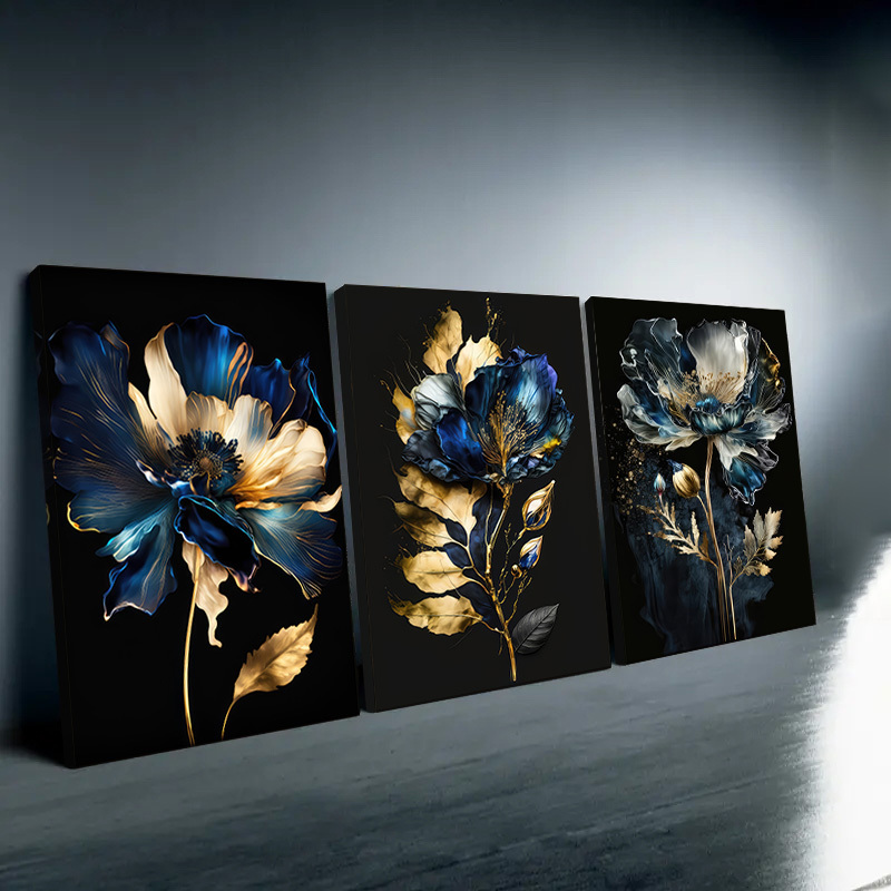 

Framed 3 Piece Abstract Golden Blue Flower Canvas Painting Blue And Black Wall Art Modern Flower Wall Art Nordic Poster And Prints Modern Painting Wall Art Picture Living Room Home Decoration