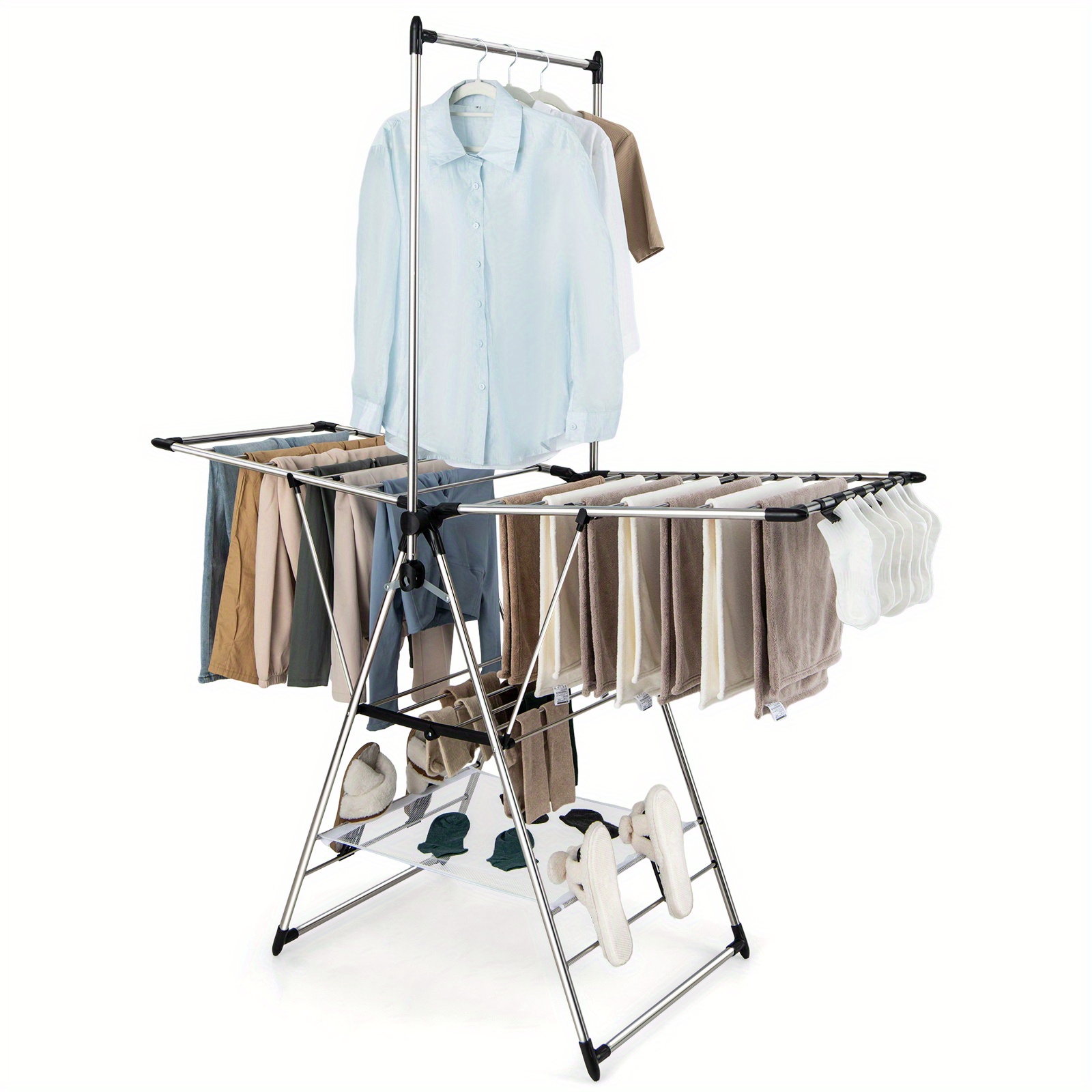 Gullwing Style Drying Rack, Aluminum Stand With 6-stage Height Adjustment, High Hanger, Side Clips, Foldable Drying Stand For Clothes, Towels, Shoes, Socks, Drying Racks