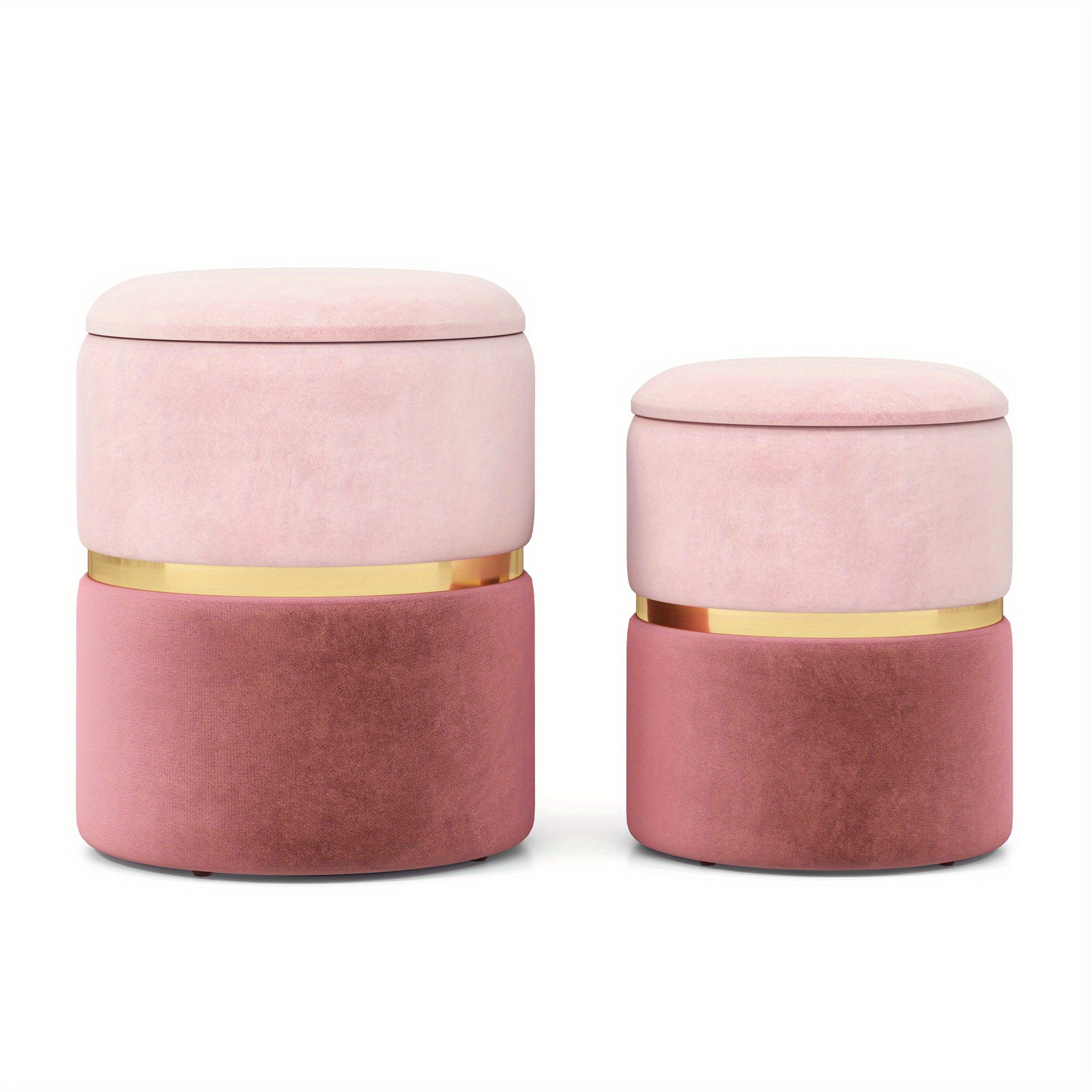 2-set Seat Stool Velvet, Ottomans With 32l "21l Storage Space, Pouf Stool, Round Couch Side Stool Foot Stool For Living Room, Bedroom, Dressing Table, Pink