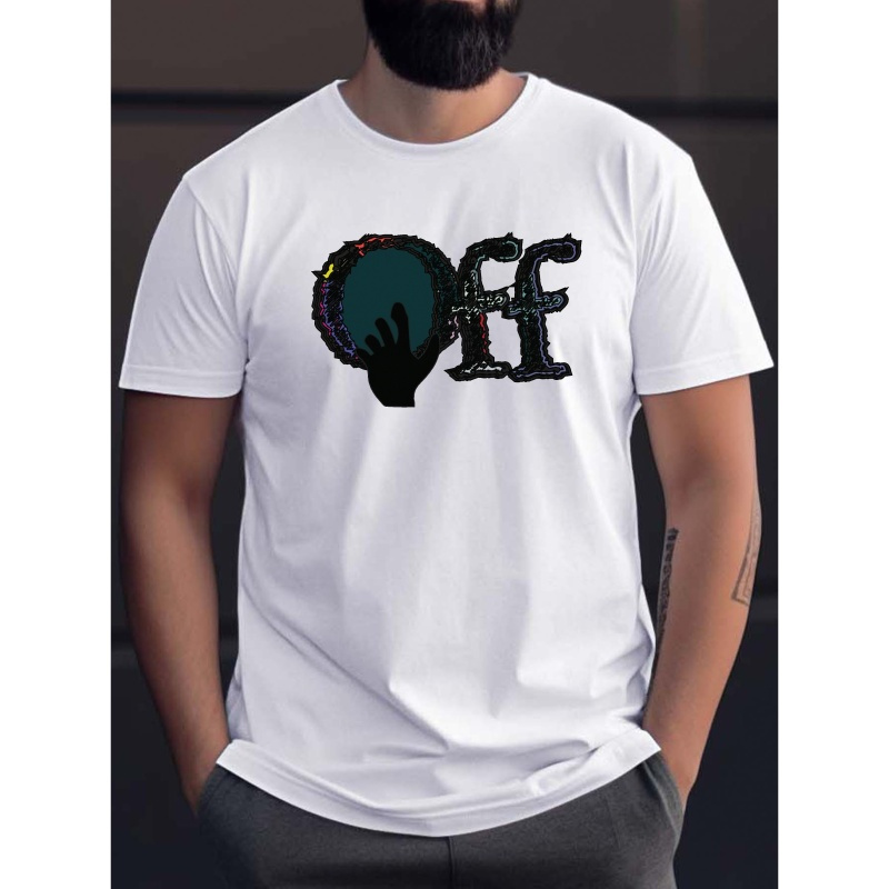 

Off Creative Hand And Letters Fusion Graphic Print Tee Shirt, Comfy Tees For Men, Casual Short Sleeve T-shirt For Summer