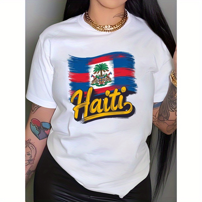 

Flag Artistic Print T-shirt, Short Sleeve Crew Neck T-shirt For , Women's Clothing